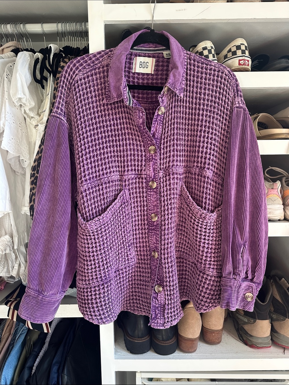 BDG Waffle-Knit Button-Down Shirt Jacket in purple